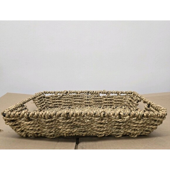 Wicker Rattan Basket Serving Tray Rectangle Metal Frame Storage Decor Woven - Picture 2 of 4